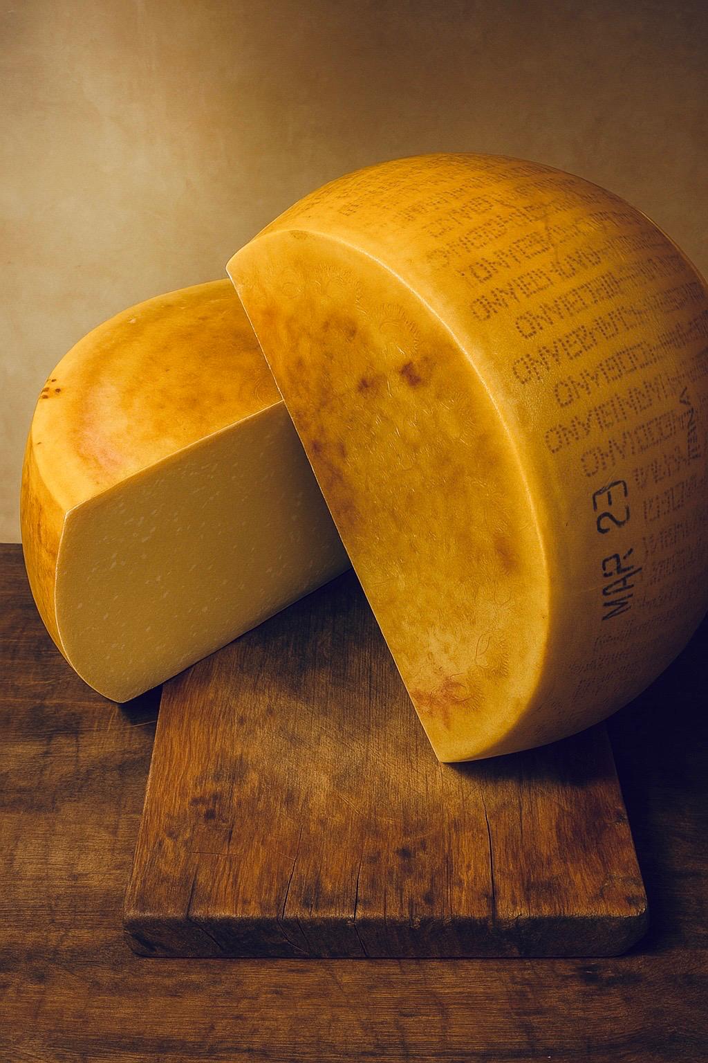 Fromage blond avec étiquette posé sur planche en bois